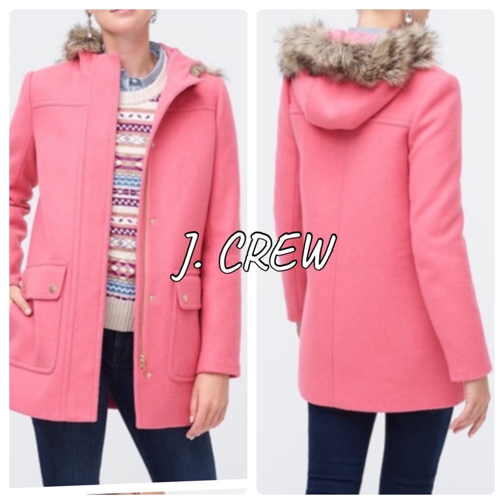J. Crew Factory Pink Wool Blend Hooded Coat with Faux Fur Trim